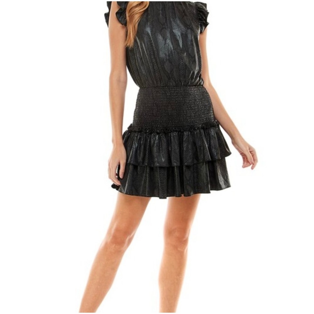 TCEC Black Faux Leather Ruffle Mock Neck Smocked Waist Mini Dress Women's Size S